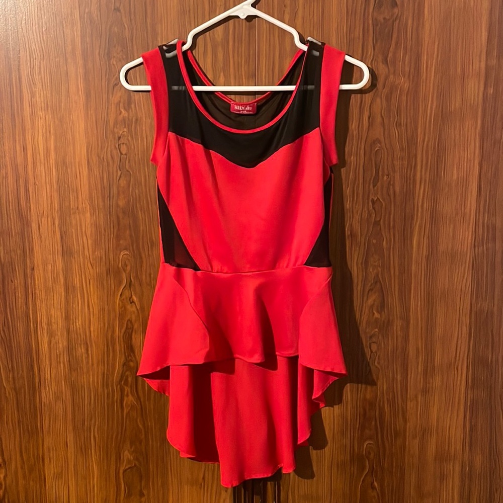 Red and black sleeveless blouse